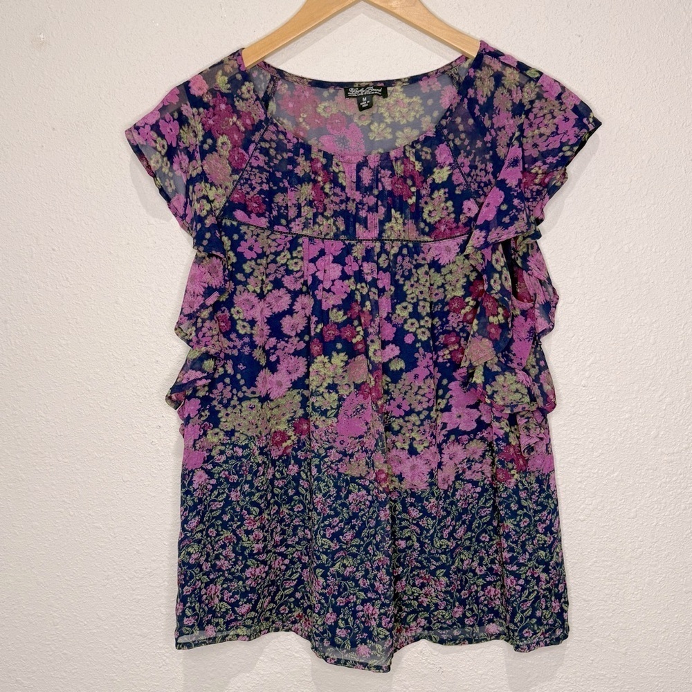 Lucky Brand Flutter Sleeve Top Floral Purple/Navy Pin Tuck Peplum Women’s Size M
